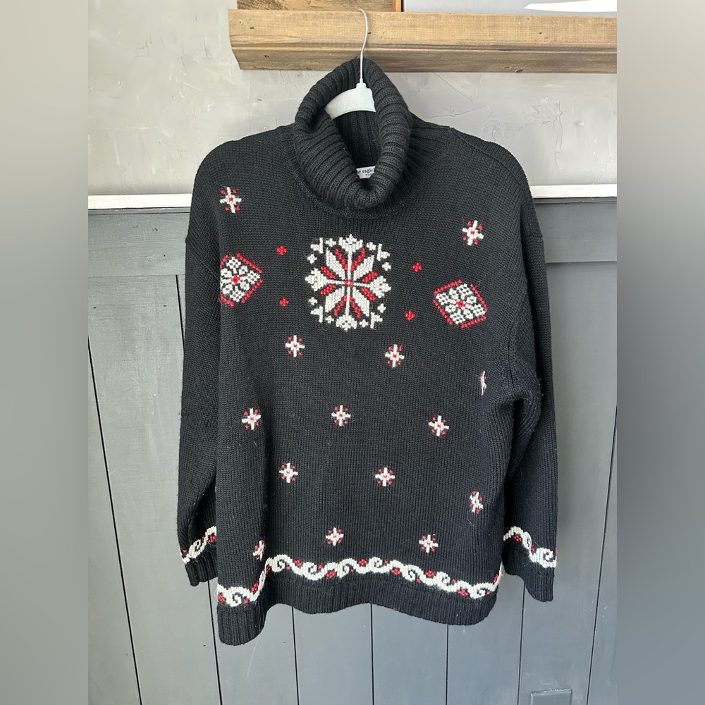 Eagle’s‎ Eye Vintage Fair Isle Snowflake Wool Sweater Black Red White XL